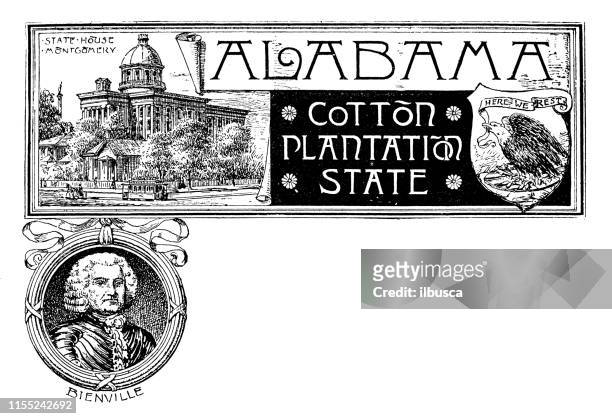 vintage banner with emblem and landmark of alabama, portrait of bienville - montgomery alabama stock illustrations