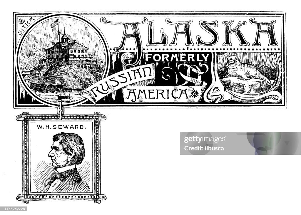 Vintage banner with emblem and landmark of Alaska, portrait of W H Seward