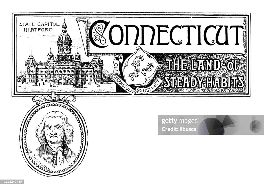 Vintage banner with emblem and landmark of Connecticut, portrait of Jonathan Trumbull