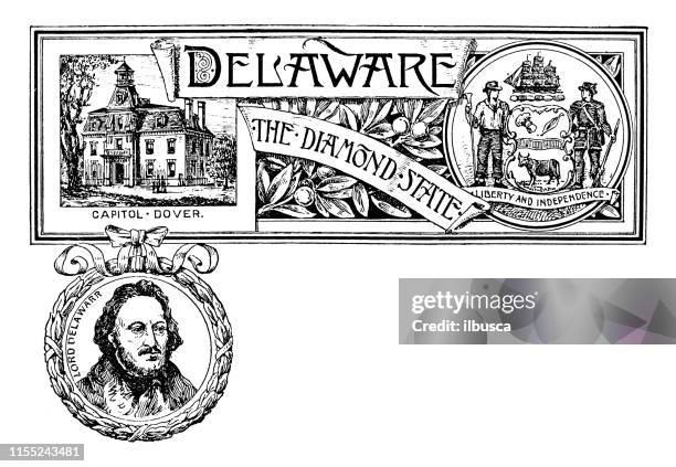 vintage-banner mit emblem und wahrzeichen von delaware, porträt von lord delawarr - dover delaware stock-grafiken, -clipart, -cartoons und -symbole