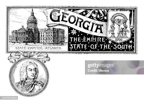 vintage banner with emblem and landmark of georgia, portrait of oglethorpe - atlanta georgia stock illustrations