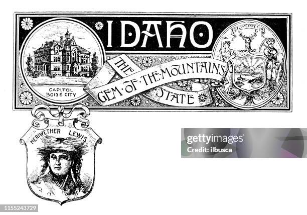 vintage banner with emblem and landmark of idaho, portrait of meriwether lewis - meriwether lewis stock illustrations