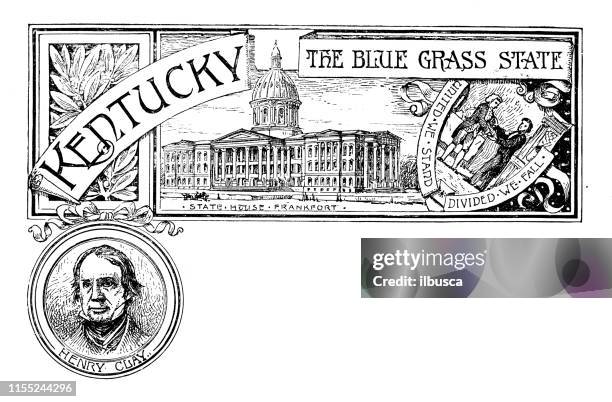 vintage banner with emblem and landmark of kentucky, portrait of henry clay - frankfort kentucky stock illustrations