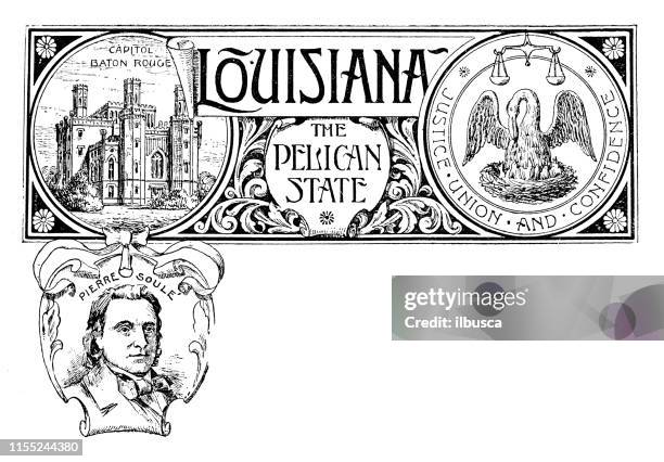 vintage banner with emblem and landmark of louisiana, portrait of pierre soule - louisiana stock illustrations