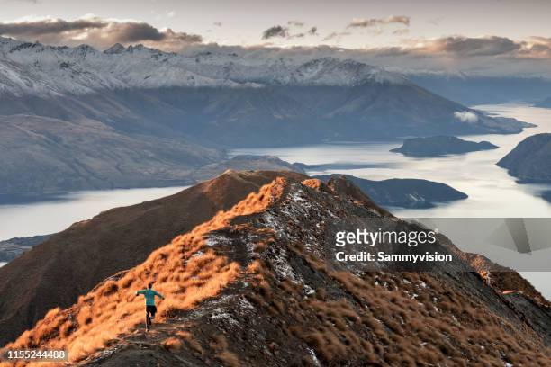 a man is running on the peak of mount roy - roy stock pictures, royalty-free photos & images