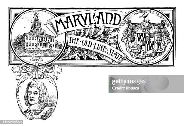 vintage banner with emblem and landmark of maryland, portrait of lord baltimore - maryland us state stock illustrations