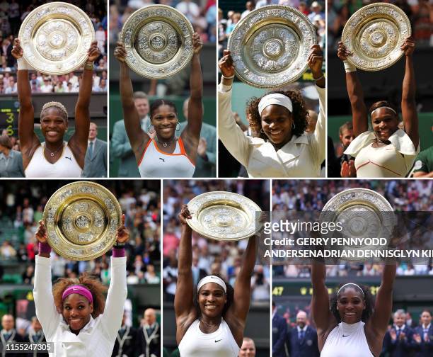 Combination of photographs created on July 12, 2019 shows US player Serena Williams posing with the Venus Rosewater Dish trophy on each of her seven...