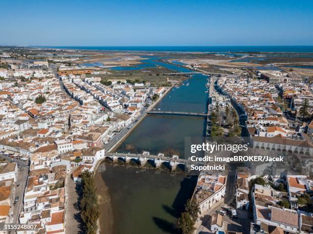 aerial view, city view with roman bridge, tavira, algarve, portugal - tavira stock pictures, royalty-free photos & images