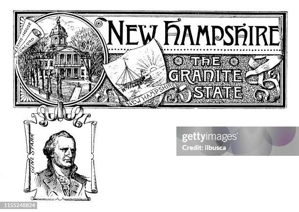 vintage banner with emblem and landmark of new hampshire, portrait of gen starr - new hampshire stock illustrations