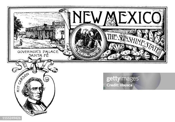 vintage banner with emblem and landmark of new mexico, portrait of kit carson - new mexico stock illustrations
