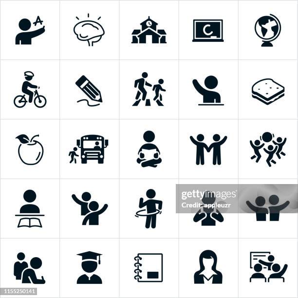 ilustraciones, imágenes clip art, dibujos animados e iconos de stock de iconos de la escuela primaria - edificio escolar