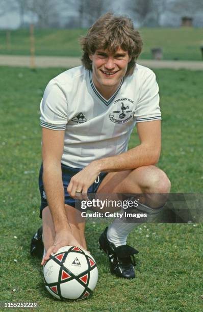 Spurs player Glenn Hoddle pictured in a park in his Le Coq Sportif Tottenham kit in April 1982 in United Kingdom.