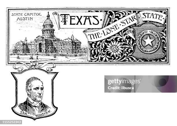 vintage banner with emblem and landmark of texas, portrait of sam houston - motto stock illustrations