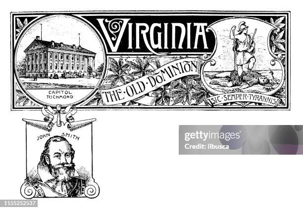vintage banner with emblem and landmark of virginia, portrait of john smith - john smith politician stock illustrations