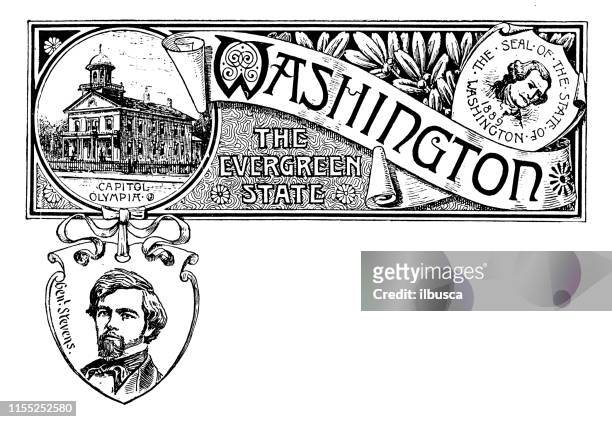 vintage banner with emblem and landmark of washington, portrait of stevens - washington state icon stock illustrations