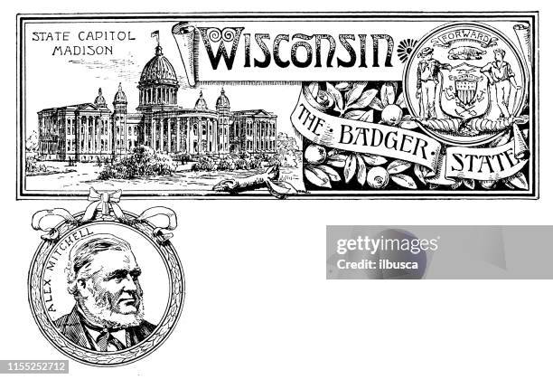 vintage banner with emblem and landmark of wisconsin, portrait of alex mitchell - wisconsin stock illustrations