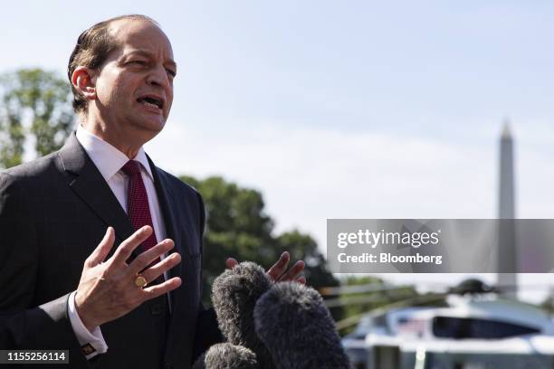 Alex Acosta, U.S. Secretary of Labor, speaks while announcing his resignation in Washington, D.C., U.S., on Friday, July 12, 2019. Acosta leaves...