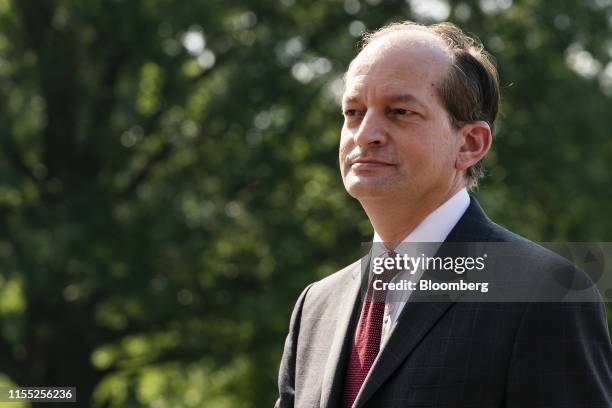 Alex Acosta, U.S. Secretary of Labor, stands after announcing his resignation in Washington, D.C., U.S., on Friday, July 12, 2019. Acosta leaves...