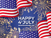 USA Independence day. Banner with waving American national flags and fireworks. 4th of July poster template
