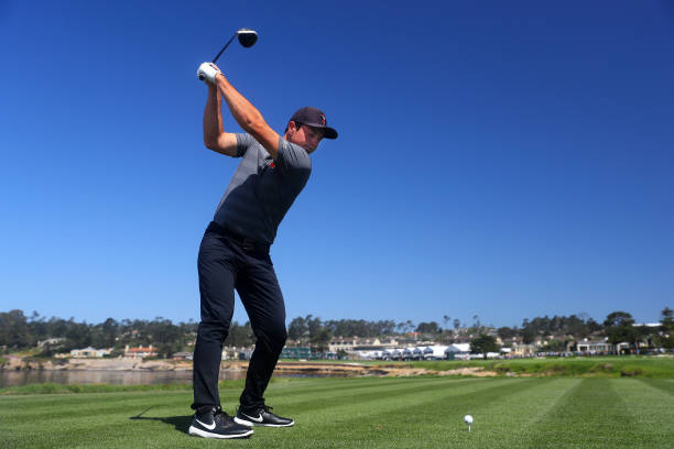 Amateur Viktor Hovland of Norway plays a shot from the 18th tee during a practice round prior to the 2019 U.S. Open at Pebble Beach Golf Links on...