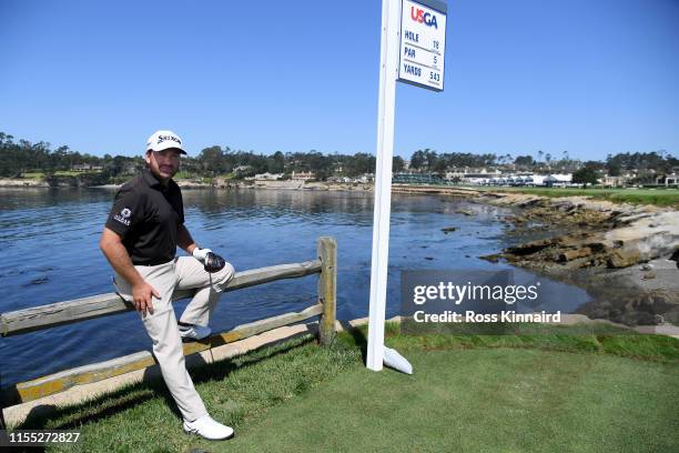 Graeme McDowell of Northern Ireland poses on the 18th tee during a practice round prior to the 2019 U.S. Open at Pebble Beach Golf Links on June 11,...