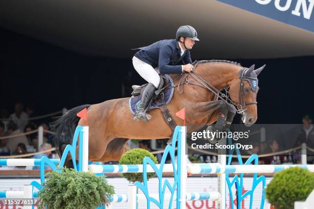 Cyril Bouvard OF FRANCE riding Broceliande du Lac during the Jumping Longines Crans-Montana at Crans-sur-Sierre on July 12, 2019 in Crans-Montana,...