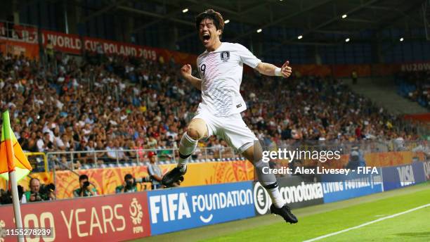 Jun Choi of Korea Republic celebrates after scoring his team's first goal during the 2019 FIFA U-20 World Cup Semi Final match between Ecuador and...