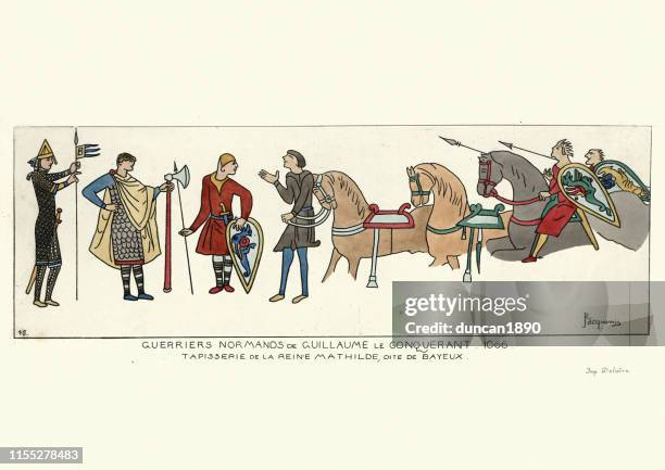 norman warriors of william the conqueror, 1066 - bayeux stock illustrations