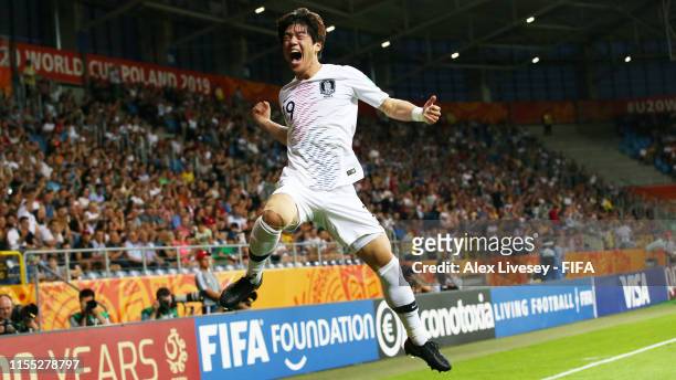 Jun Choi of Korea Republic celebrates after scoring his team's first goal during the 2019 FIFA U-20 World Cup Semi Final match between Ecuador and...