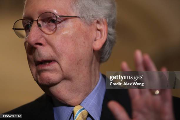 Senate Majority Leader Mitch McConnell speaks during a news briefing after the weekly Senate Republican policy luncheon June 11, 2019 at the U.S....