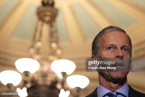 Senate Majority Whip John Thune speaks during a news briefing after the weekly Senate Republican policy luncheon June 11, 2019 at the U.S. Capitol in...