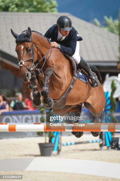 Cyril Bouvard OF FRANCE riding Jilani de l'Am during the Jumping Longines Crans-Montana at Crans-sur-Sierre on July 12, 2019 in Crans-Montana,...