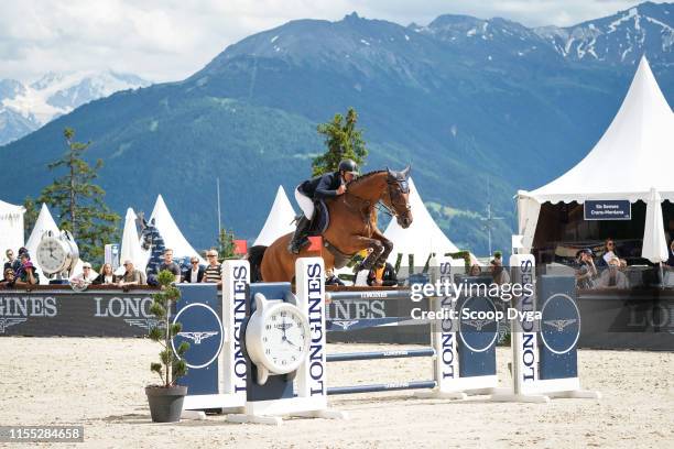 Cyril Bouvard OF FRANCE riding Jilani de l'Am during the Jumping Longines Crans-Montana at Crans-sur-Sierre on July 12, 2019 in Crans-Montana,...