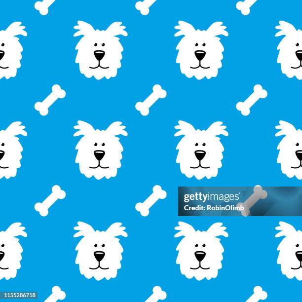 shaggy dog face and dog biscuit seamless pattern - dog white background stock illustrations