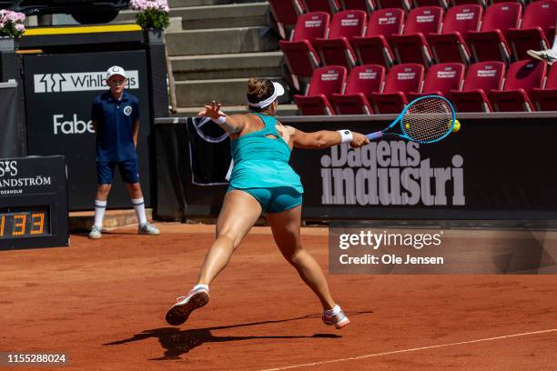 Danka Kovinic of Macedonia during her match with Kartazyna Kawa of Poland at the semifinal during day five of the 2019 Swedish Open WTA on July 12,...