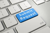 Written word Submit Request on blue keyboard button. Online Submission Concept