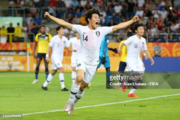 Taejun Park of Korea Republic celebrates at the final whistle during the 2019 FIFA U-20 World Cup Semi Final match between Ecuador and Korea Republic...