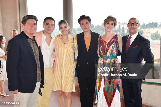 Matthew Sprouse, Dylan Sprouse, Barbara Palvin, Cole Sprouse, Felicity Blunt and Stanley Tucci attend the Salvatore Ferragamo Private Dinner at...