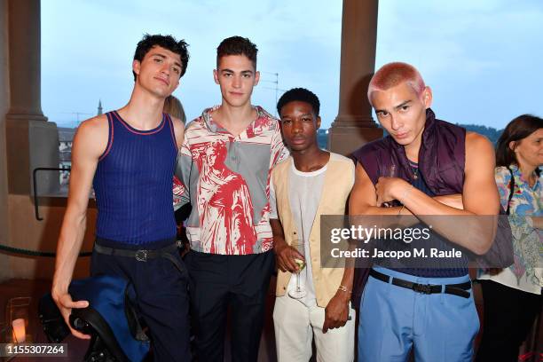 Jacob Bixenman, Hero Fiennes Tiffin, Lamar Johnson and Evan Mock attend the Salvatore Ferragamo Private Dinner at Palazzo Vecchio during Pitti...