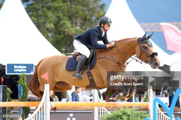 Cyril Bouvard OF FRANCE riding Victoria d'Argent during the Prix Six Senses Crans-Montana at Crans-sur-Sierre Golf Club on July 12, 2019 in...