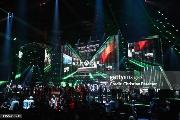 General view of the XBox exhibit inside the Microsoft Theater during the E3 Video Game Convention on June 11, 2019 in Los Angeles, California.