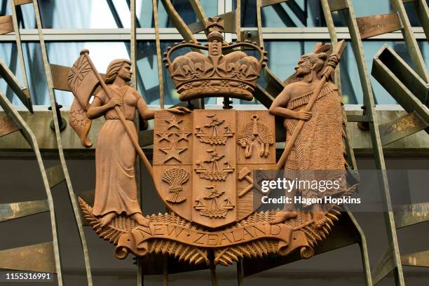 General view of the coat of arms at the Supreme Court on June 12, 2019 in Wellington, New Zealand. Internet entrepreneur Kim Dotcom is fighting...