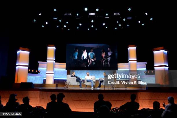 Shawn Ashmore, Tom Heaton and Geoff Keighly speak onstage at The Dark Pictures: Man of Medan: Putting Fear Back Into Games panel during E3 2019 at...