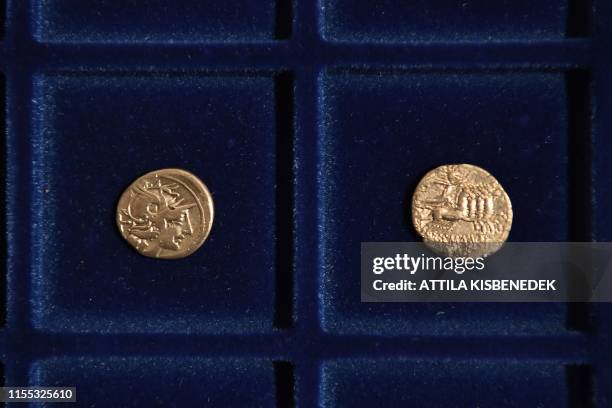 Roman era gold coins of a Holocaust victim's collection are seen on a velvet tray in the Balatoni Museum in the town of Keszthely, 200 km west of...