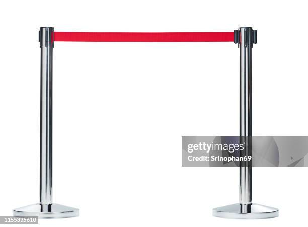 barrier rope isolated on white. silver. luxury, vip concept, red block - silver stanchions stock pictures, royalty-free photos & images