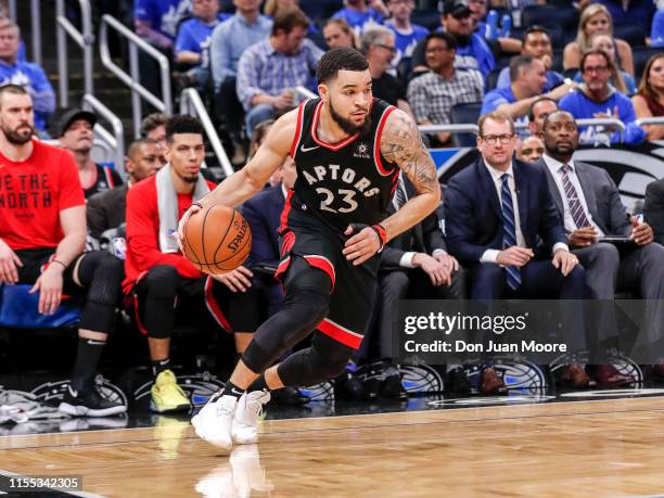 Fred VanVleet of the Toronto Raptors drives to the basket against the Orlando Magic during Game Three of the first round of the 2019 NBA Eastern...