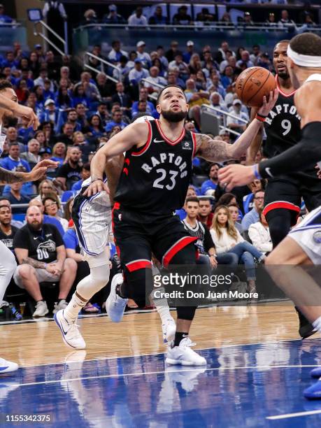 Fred VanVleet of the Toronto Raptors attacks the basket against the Orlando Magic during Game Three of the first round of the 2019 NBA Eastern...