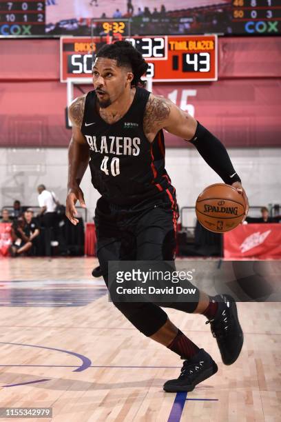 Jarnell Stokes of the Portland Trail Blazers drives to the basket against the Milwaukee Bucks during Day 8 of the 2019 Las Vegas Summer League on...