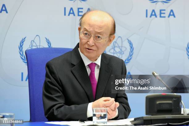 International Atomic Energy Agency Director General Yukiya Amano attends a press conference following the Board of Governors meeting on June 10, 2019...