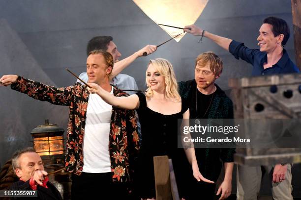 Warwick Davis, Tom Felton, James Phelps, Evanna Lynch, Rupert Grint and Oliver Phelps attend the Hagrid's Magical Creatures Motorbike Adventure...